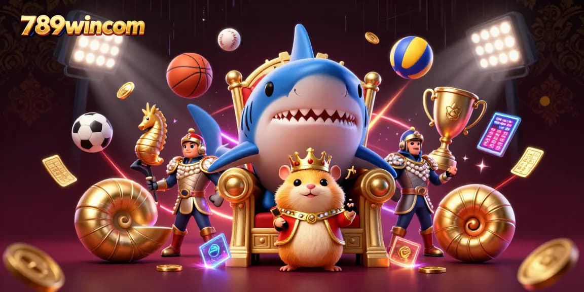 Experience the excitement of 789wincom with a vibrant 3D casino scene featuring a hamster king, vibrant sports elements, and dynamic energy.