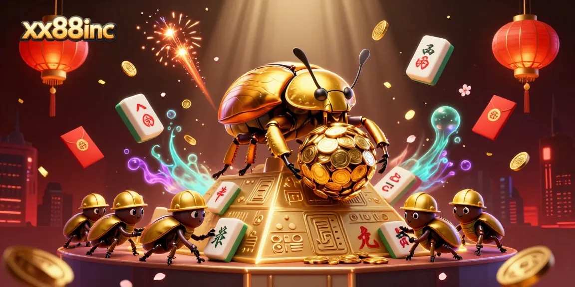 Experience exciting gameplay at xx88inc with golden beetles and vibrant casino elements in this animated scene.