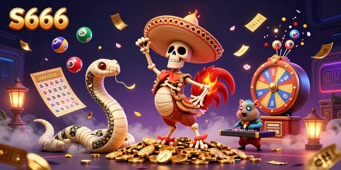 S666 engages players with vibrant 3D casino-themed illustration filled with lively characters and dynamic game elements.