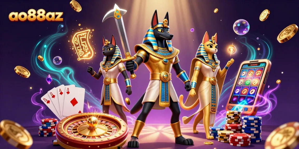 Engage with ao88az as you explore dynamic casino games featuring Anubis and Bastet amidst vibrant gold and gems.