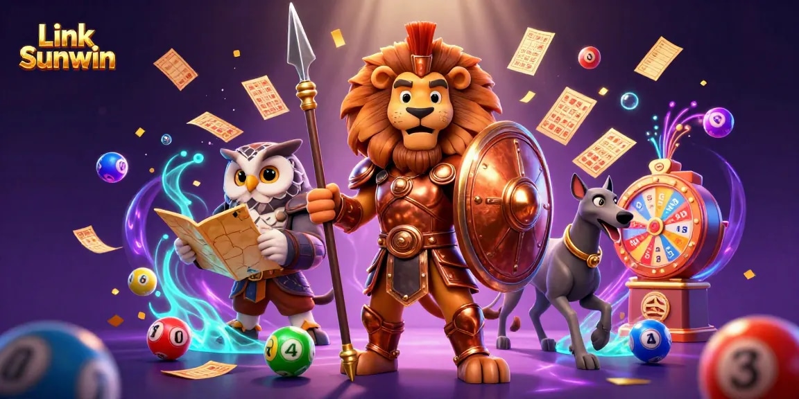 Experience excitement with Link Sunwin as colorful lottery balls bounce around detailed casino characters.