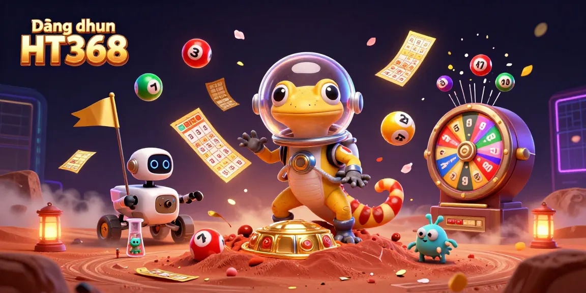 Experience the excitement of Đăng nhập HT368 with a Martian gecko discovering a gold casino amidst vibrant dynamic elements.