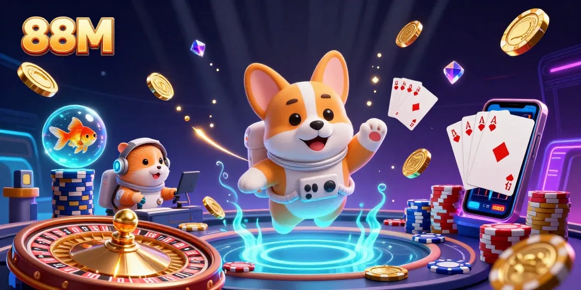88M's cartoon astronaut corgi navigates a zero-gravity casino filled with neon gambling elements.