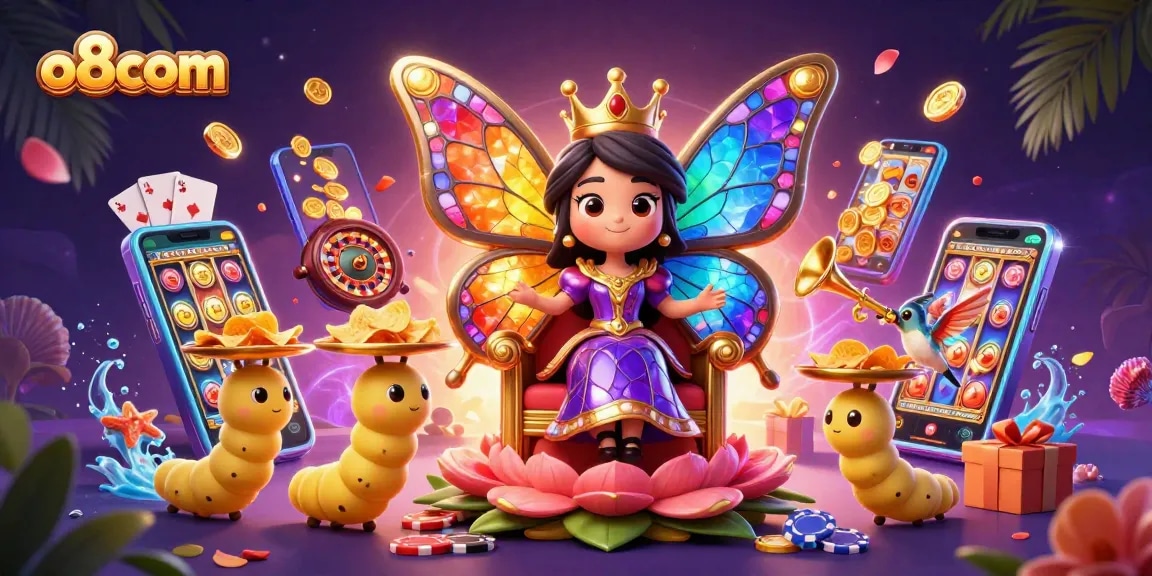 Spin to win with vibrant o8com gaming elements and a whimsical butterfly queen.