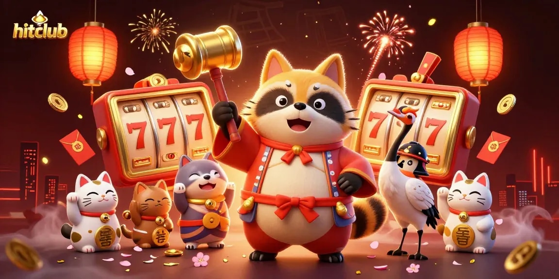 Experience excitement with hitclub's vibrant illustration of a cheerful tanuki celebrating in a dynamic casino scene.