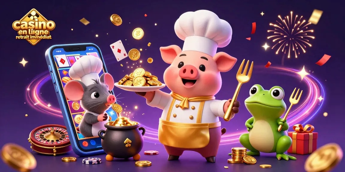 Profitez du casino en ligne retrait immédiat avec une illustration dynamique de jeux et personnages colorés.