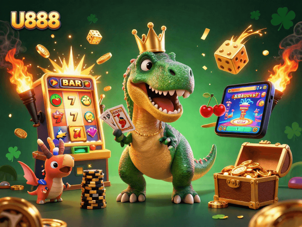Experience thrilling moments at U888 with a captivating T-Rex and friends engaging in casino games.