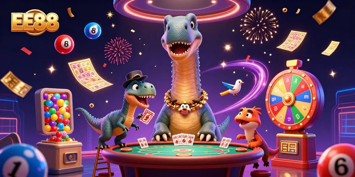 EE88 celebrates with a brontosaurus and raptor in a lively casino scene filled with lottery excitement.
