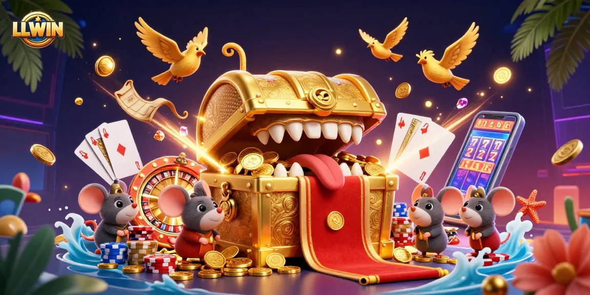 Engage in thrilling gaming at LLWIN with a treasure chest, coins, and casino elements.