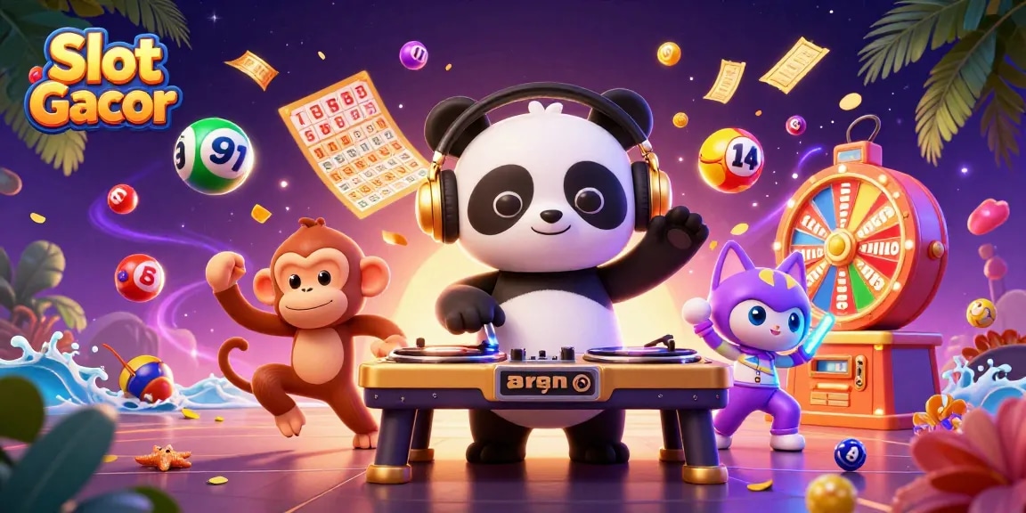 Spin with Slot Gacor in vibrant 3D casino illustration featuring engaging elements and lively characters.