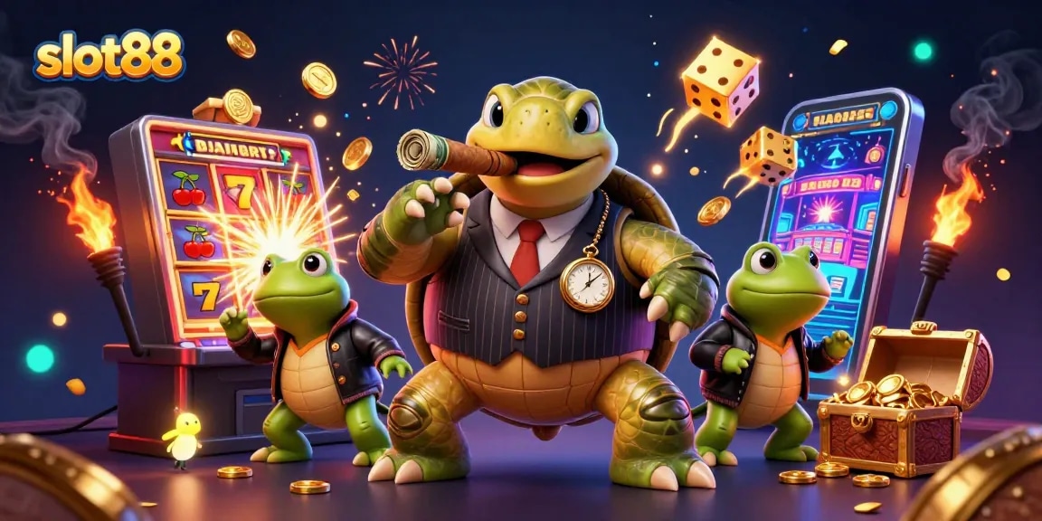 Experience thrilling slot88 action with a charming turtle mobster and vibrant casino elements.