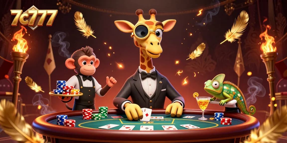 Experience high-stakes gaming with 7c777 at a vibrant poker table, featuring vivid characters and rich casino elements.