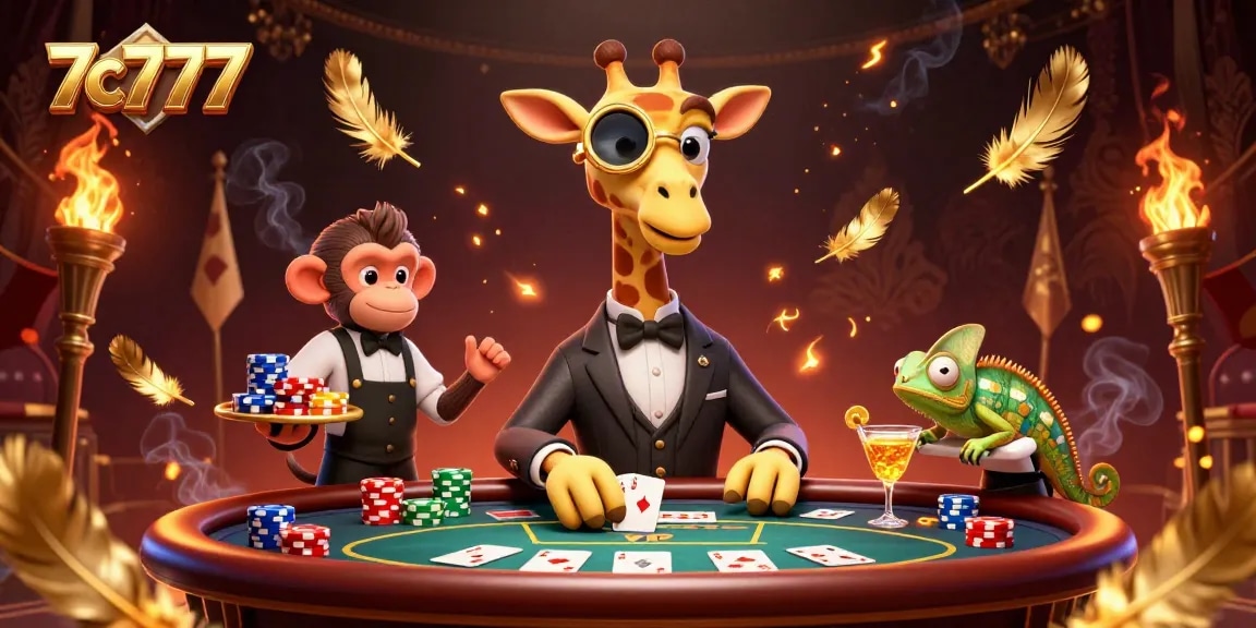 Experience high-stakes gaming with 7c777 at a vibrant poker table, featuring vivid characters and rich casino elements.