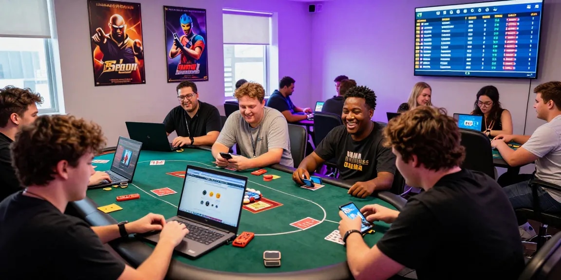 Engaging scene of diverse players enjoying online card games at JuraganQQ in a vibrant gaming environment.