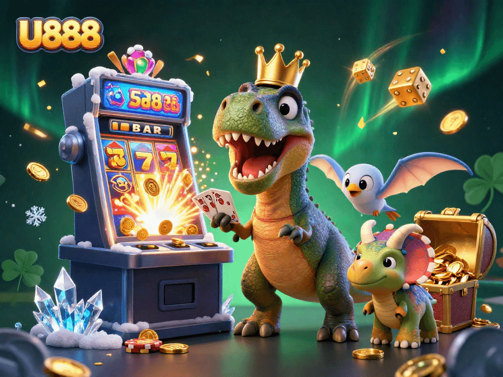 U888 casino scene featuring a T-Rex, pterodactyl, and triceratops enjoying exciting jackpots.