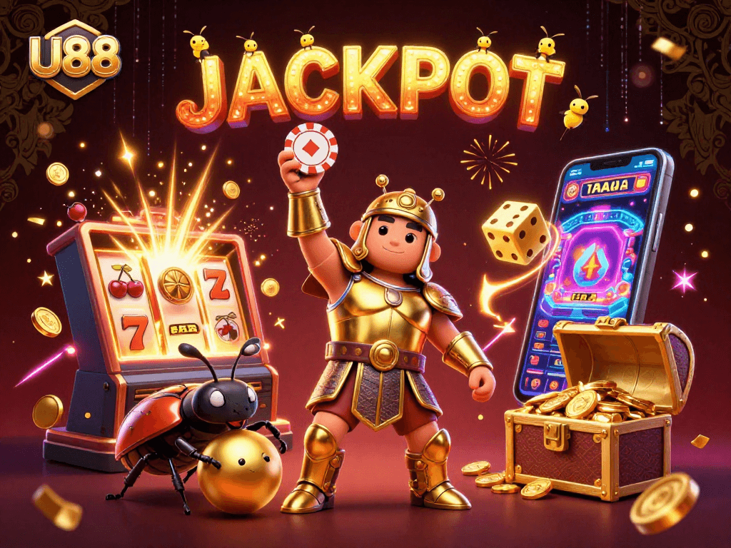 U88 players celebrating with a golden poker chip and jackpot explosion in a vibrant casino scene.