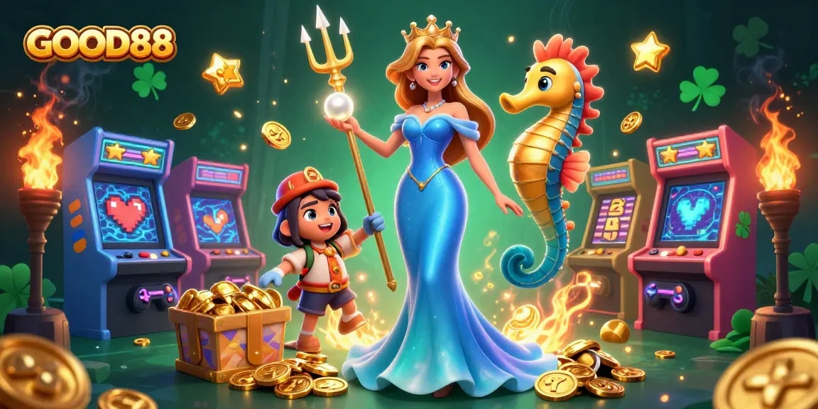 Engage with GOOD88 in a vibrant underwater casino scene featuring enchanting characters and exciting gaming elements.