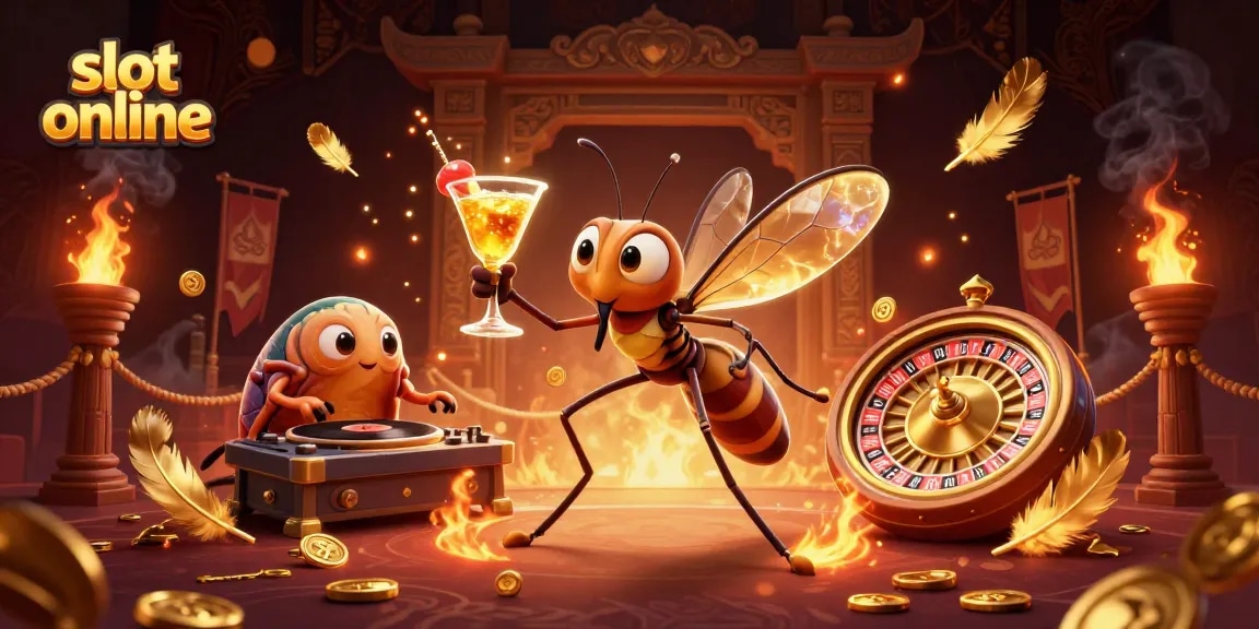 Engage with slot online as a lively cartoon mosquito mascot and trilobite DJ in a vibrant casino scene.