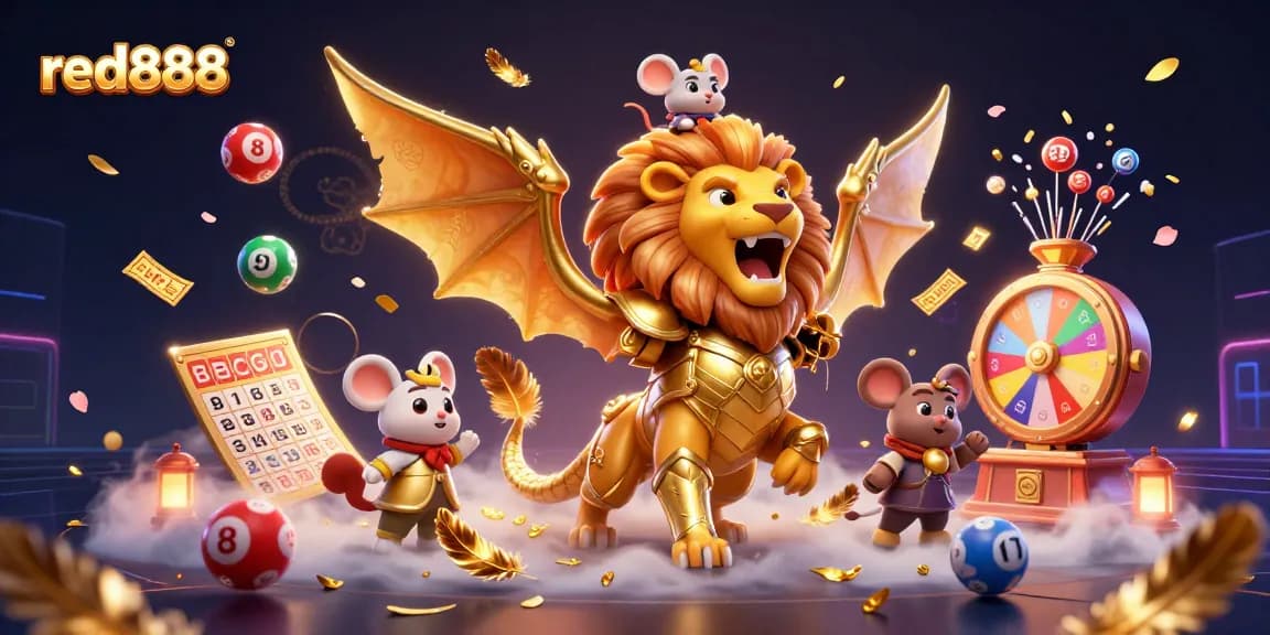 Engaging red888 lottery scene showcasing a triumphant chimera and a mouse jockey amidst vibrant gaming elements.