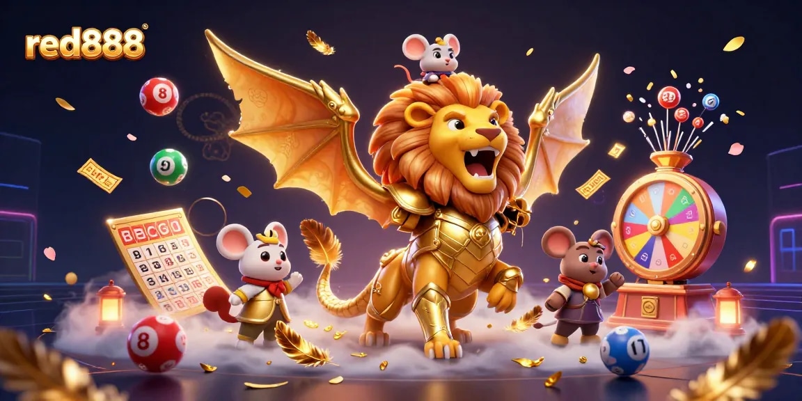 Engaging red888 lottery scene showcasing a triumphant chimera and a mouse jockey amidst vibrant gaming elements.