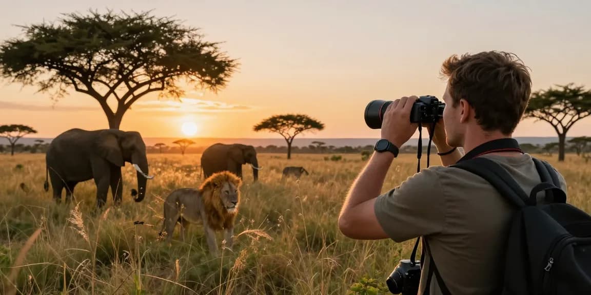 NAGA2000 traveler observing wildlife in Kidepo Valley National Park, enjoying a stunning sunset.