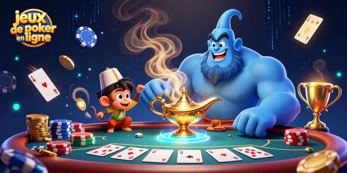 Jouez aux jeux de poker en ligne avec un génie et des jetons dans une ambiance magique.
