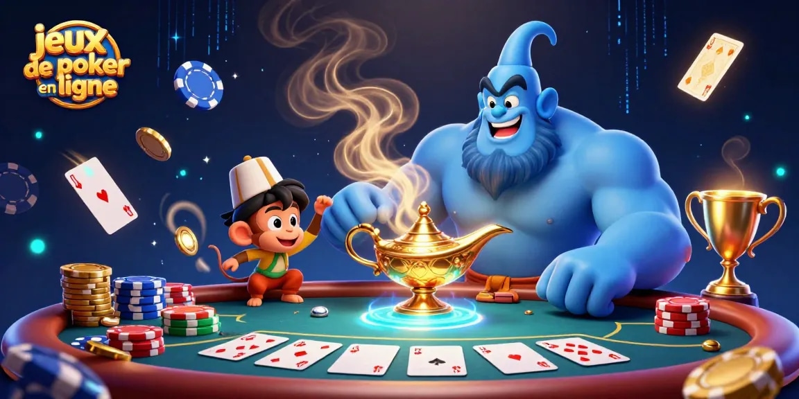 Jouez aux jeux de poker en ligne avec un génie et des jetons dans une ambiance magique.