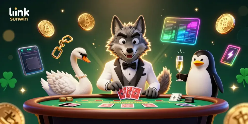 Experience the excitement of the link sunwin casino with a vibrant 3D illustration featuring animated characters playing baccarat.
