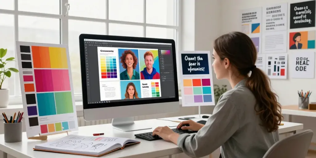 AI image variations tool being utilized by a designer in a bright creative workspace.