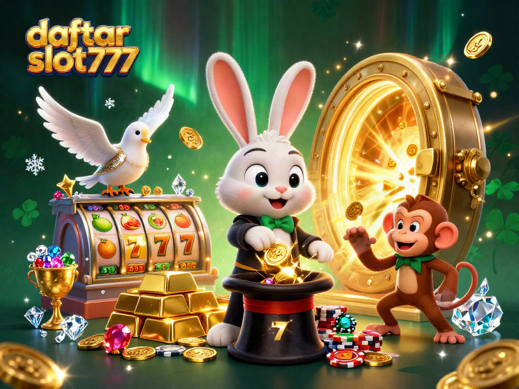 Showcase daftar slot777 with a playful 3D scene featuring a magician rabbit, dove, and monkey in a vibrant casino.