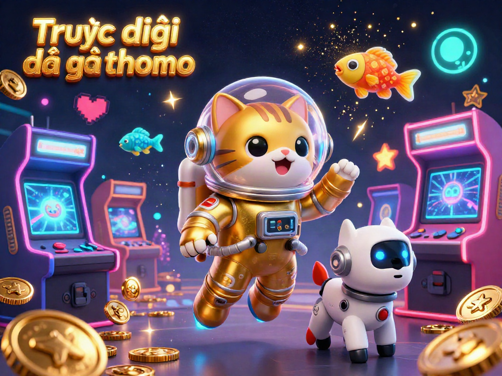 Experience Trực tiếp đá gà thomo with a dynamic 3D casino illustration of an astronaut cat and a robot dog, vibrant game elements included.