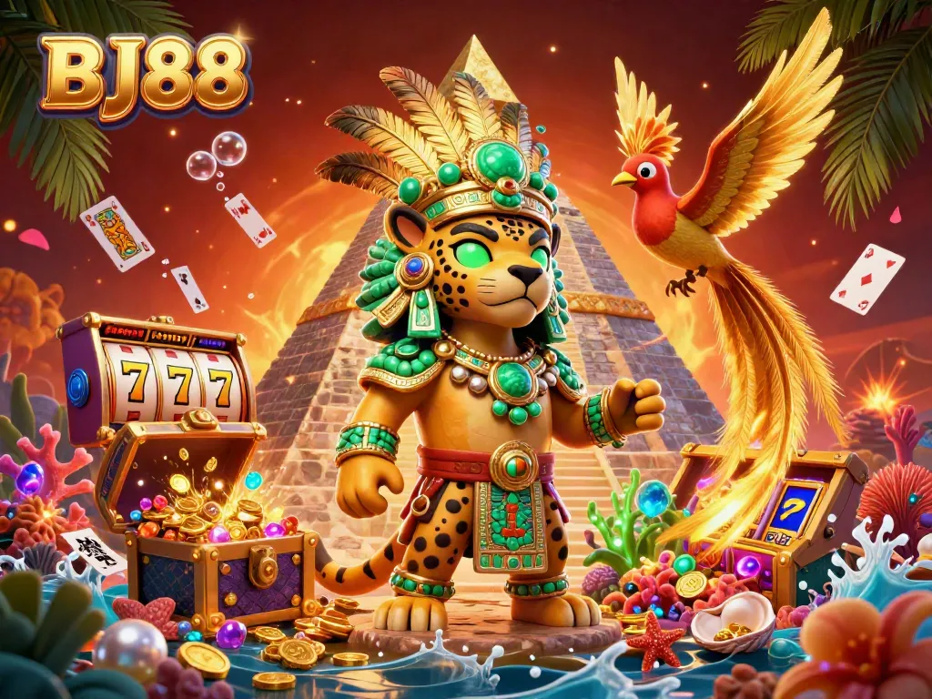 Engage with BJ88's dynamic casino experience featuring a Mayan jaguar priest amidst vibrant gaming elements.