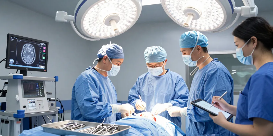 Brain ameliyatı in progress with neurosurgeons and medical team in a sterile operating room.