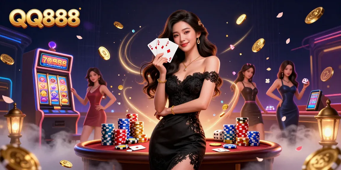QQ888 showcases vibrant casino fun with a beautiful woman holding cards in an exciting 3D slot game scene.