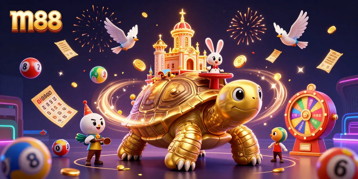 Engage in thrilling interactions at m88 with a dynamic golden tortoise casino scene, highlighting exciting gaming elements.