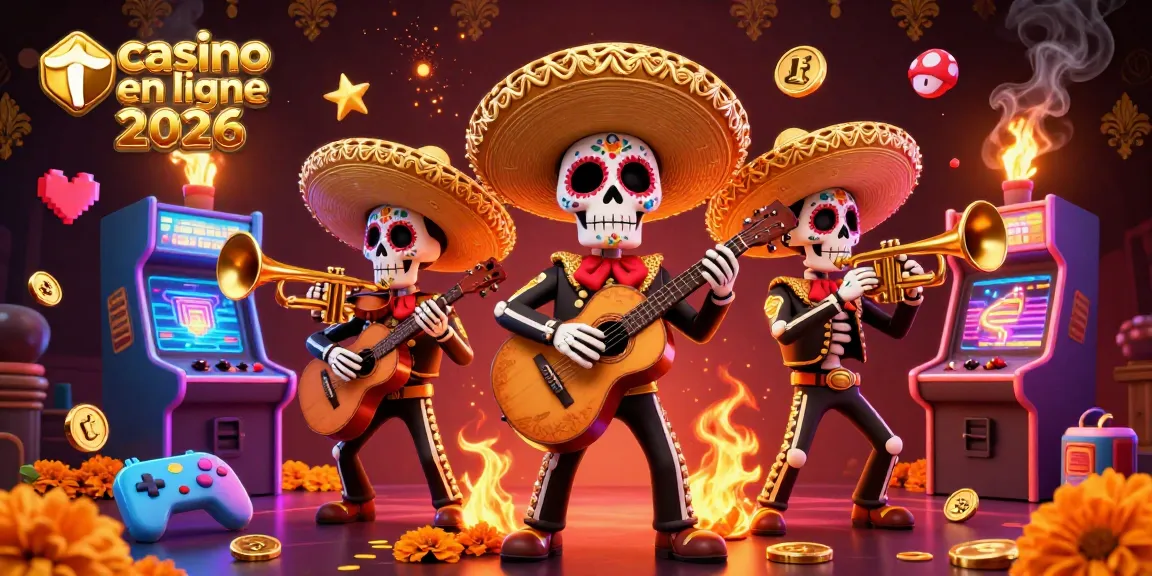 Vibrante illustration de casino en ligne 2026 avec un groupe mariachi squelettique célèbre au milieu d'une scène colorée remplie de machines de jeux.