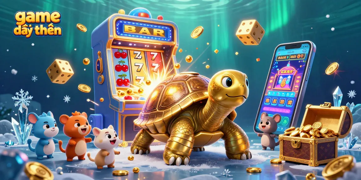Experience excitement with game đổi thưởng as a golden tortoise plays a pinball machine amidst casino games.
