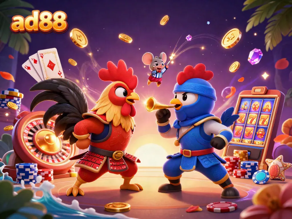 Compete in thrilling action with ad88 gaming excitement featuring fighting roosters and casino elements.