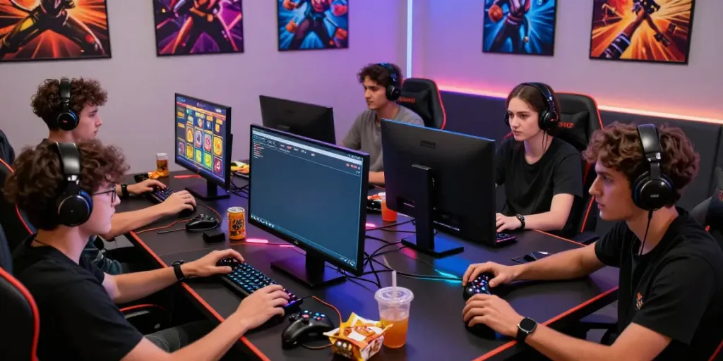Group enjoying king999 slot games in a lively gaming room with colorful lighting.