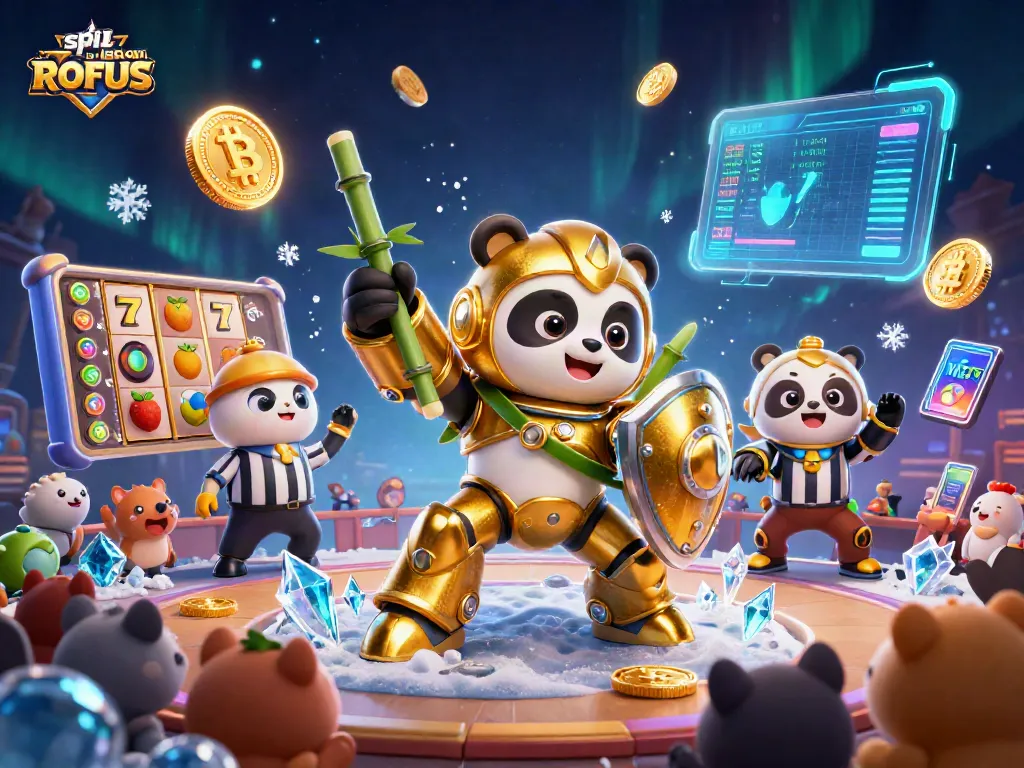 Join the excitement of spil uden om ROFUS at a lively casino scene with colorful slot elements and crypto coins.