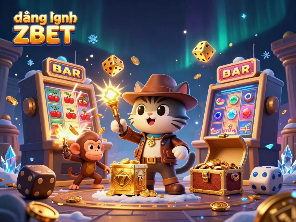 Engage with the thrilling world of đăng nhập ZBET through a vibrant 3D scene bursting with casino elements and lively characters.