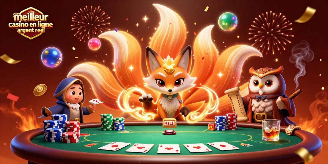 Découvrez le meilleur casino en ligne argent réel avec une ambiance festive illustrée par un renard esprit et un hibou.