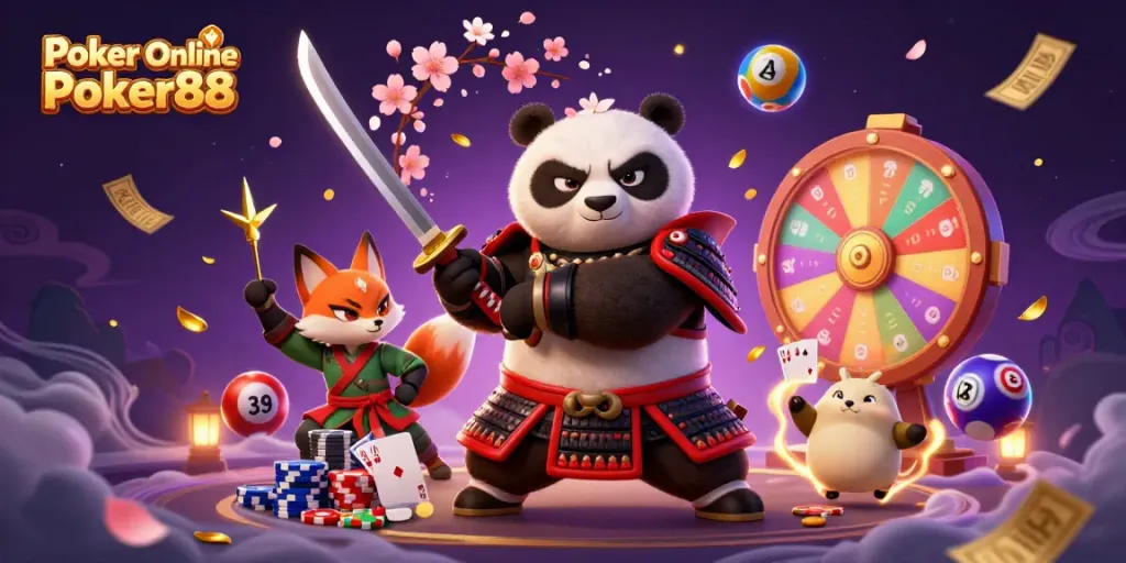 Engage in Poker Online Poker88 with a cartoon panda samurai and ninja fox thrillingly unveiling card games.