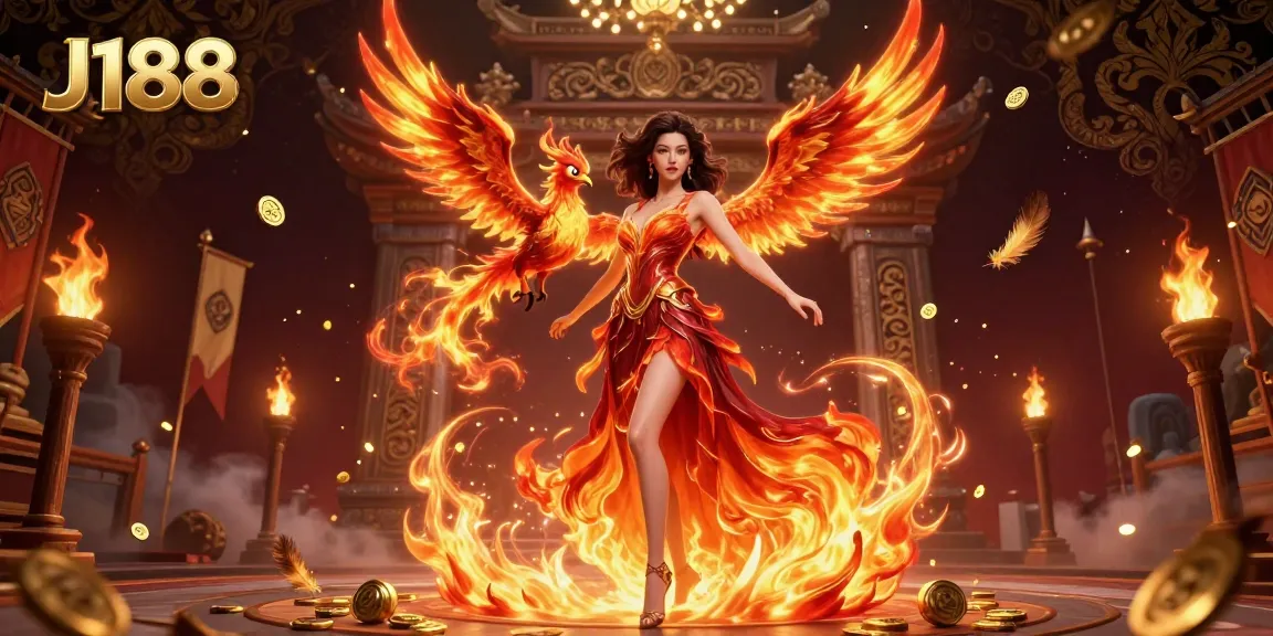 Experience the excitement of J188 with a stunning illustration of an Asian woman and her fire phoenix companion in an energetic casino setting.