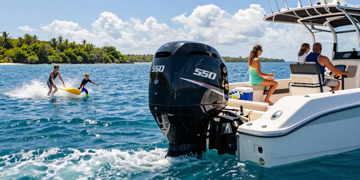 150 hp outboard motor for sale on a boat with family enjoying fun water activities.