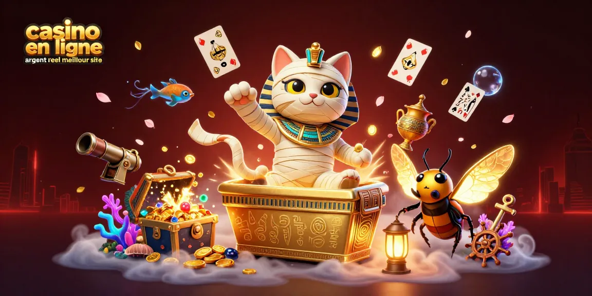 Casino en ligne argent réel meilleur site avec une illustration dynamique d'un chat momie égyptien et un scarabée.