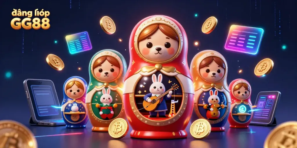 Engage with the vibrant world of đăng nhập GG88, featuring a whimsical scene of casino bears and Cryptocurrency elements.