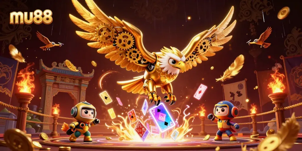 Engaging mu88 gambling scene showcasing a cybernetic eagle amidst virtual casino elements.