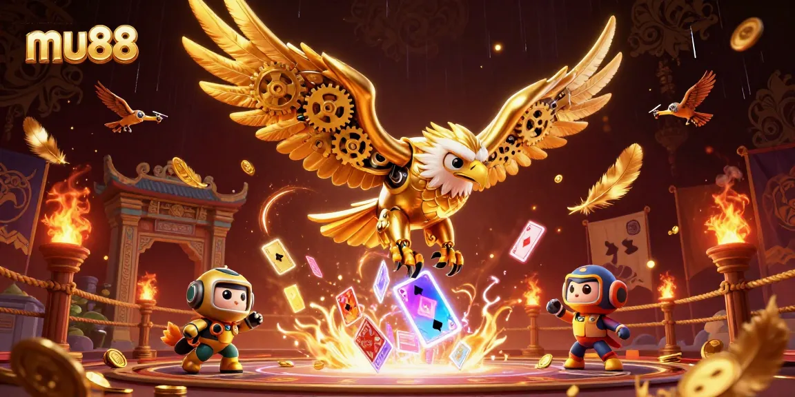 Engaging mu88 gambling scene showcasing a cybernetic eagle amidst virtual casino elements.