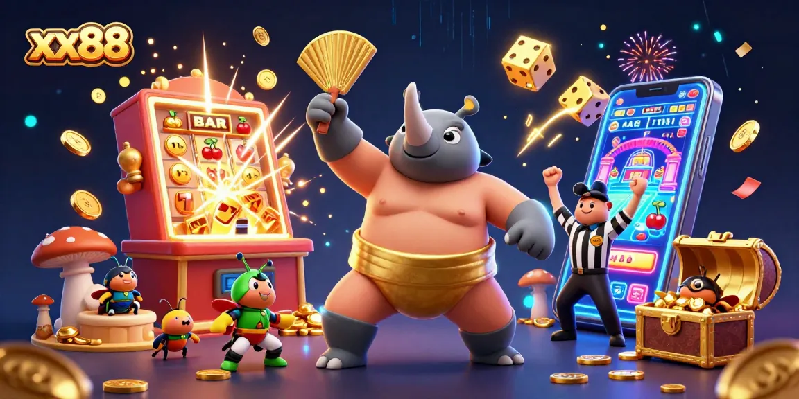 The xx88 casino scene showcases a bold rhinoceros beetle stomping gold coins amid a jackpot explosion, reflecting the vibrant gambling world.